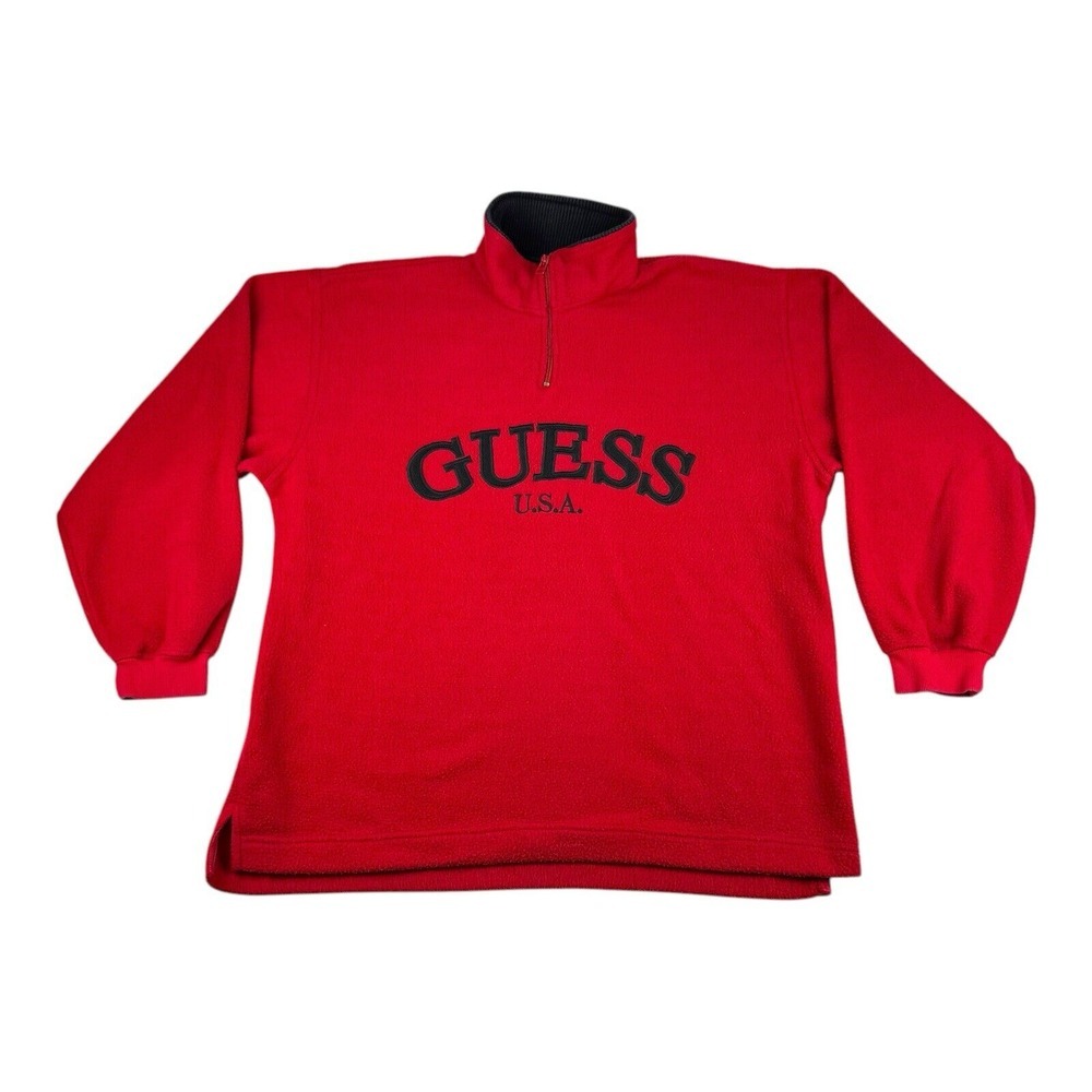 Guess Sweater Mens Large Red 1/4 Zip Pullover Fleece Spell Out VTG Y2K